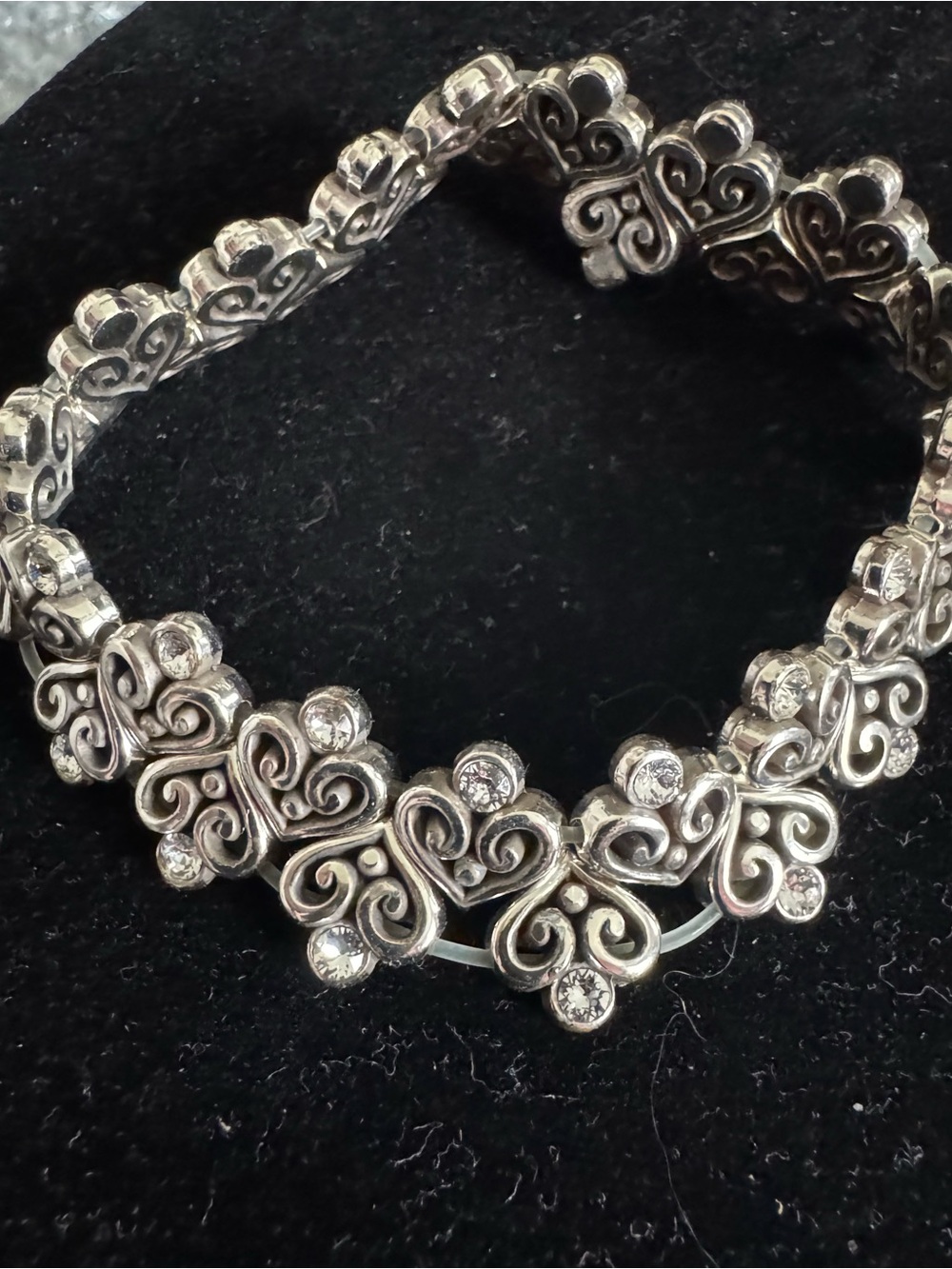 Brighton Silver Floral Scrolling Heart Bracelet with Crystal  Accents - Stretch - Picture 4 of 7